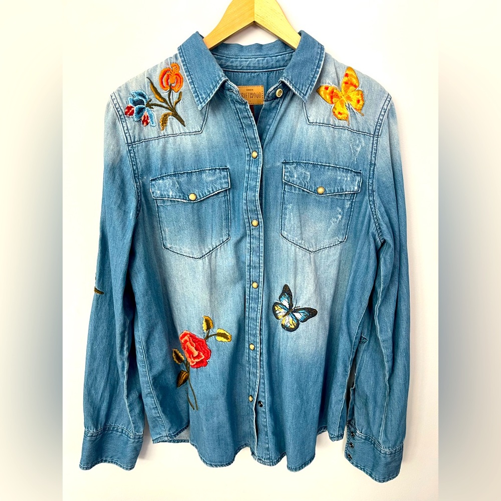Driftwood Olivia Denim Snap Front Button Up Embroidered Top - Size L